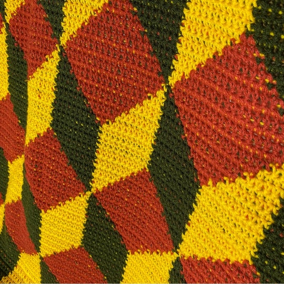 Vintage Handmade Red Yellow Green Geometric Pattern Crochet Afghan Blanket - Picture 10 of 12